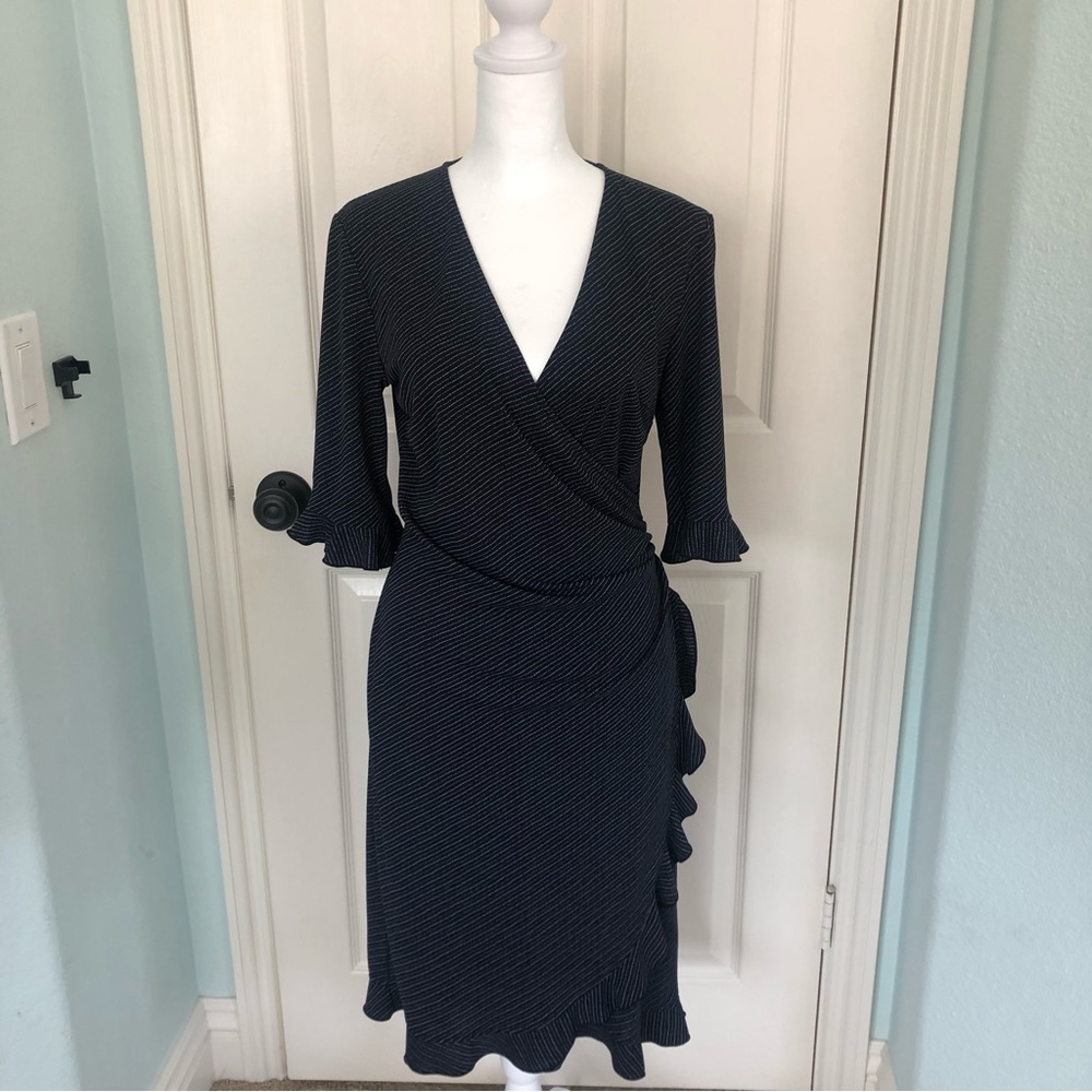 Express Navy Striped Ruffle Sleeve Fitted Ruched Waist Dress